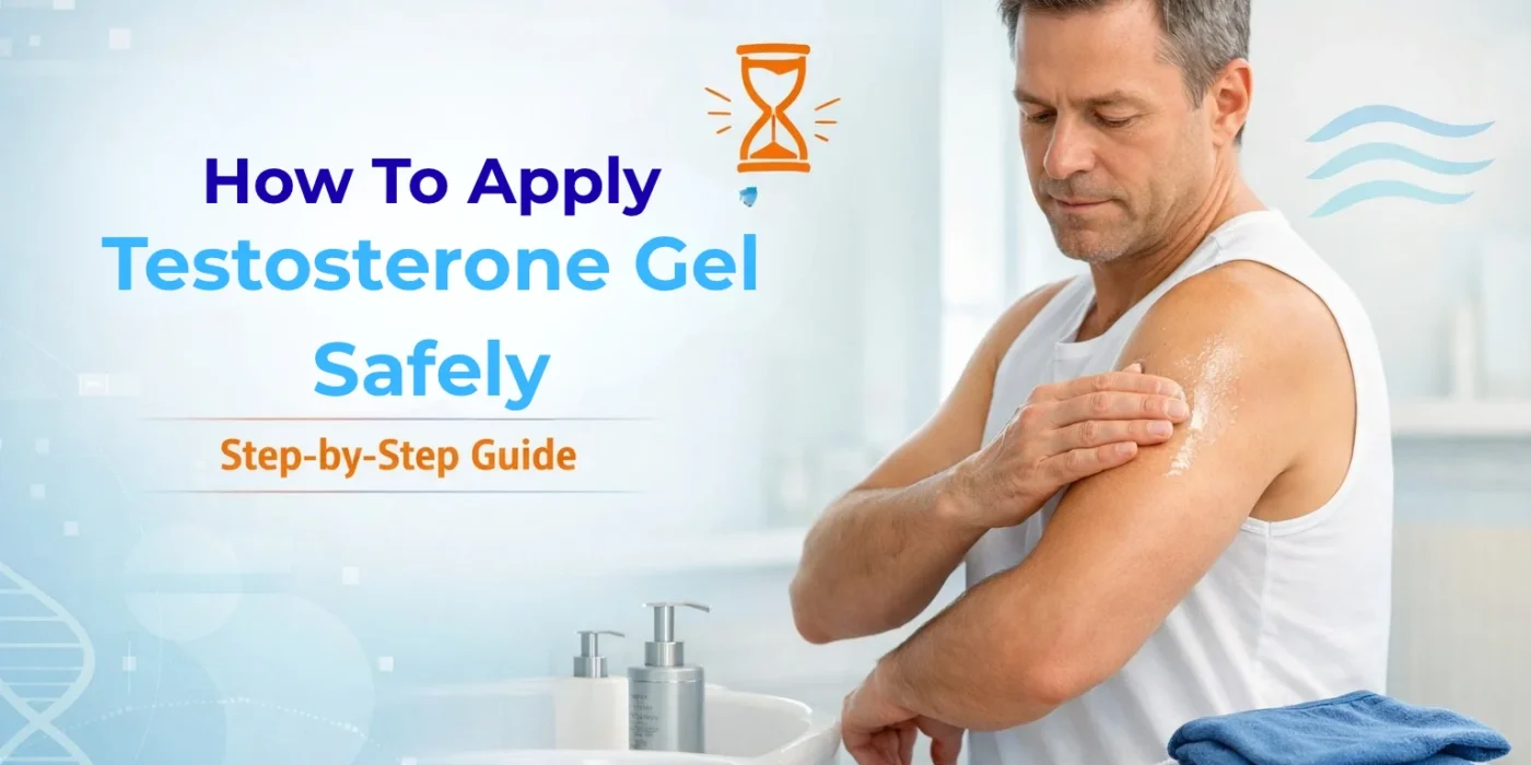 Man applying testosterone gel safely to upper arm in a clean home bathroom, step-by-step testosterone gel application guide