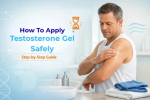 Man applying testosterone gel safely to upper arm in a clean home bathroom, step-by-step testosterone gel application guide