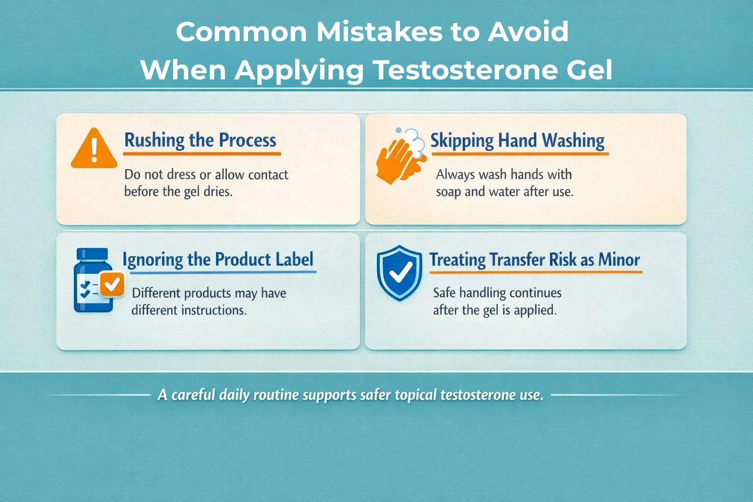 Healthcare infographic with four safety warning panels, icons, and short guidance about drying time, hand washing, label instructions, and contact precautions.
