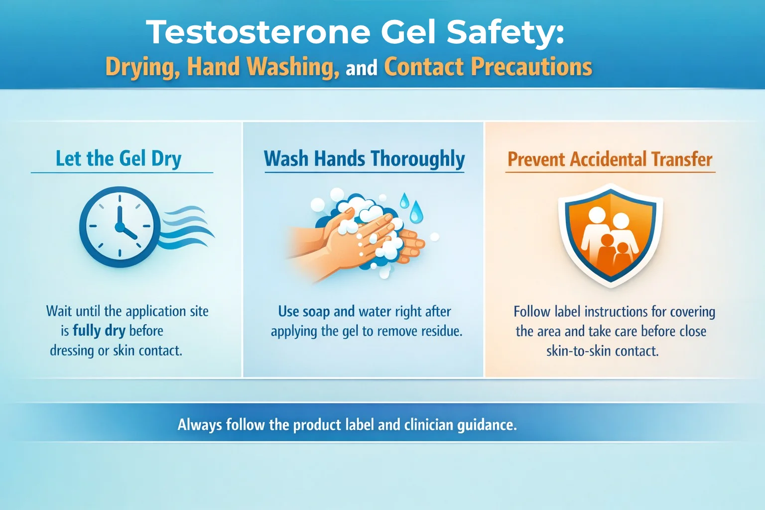 Medical infographic showing testosterone gel safety steps including letting the gel dry, washing hands thoroughly, and preventing accidental skin transfer.