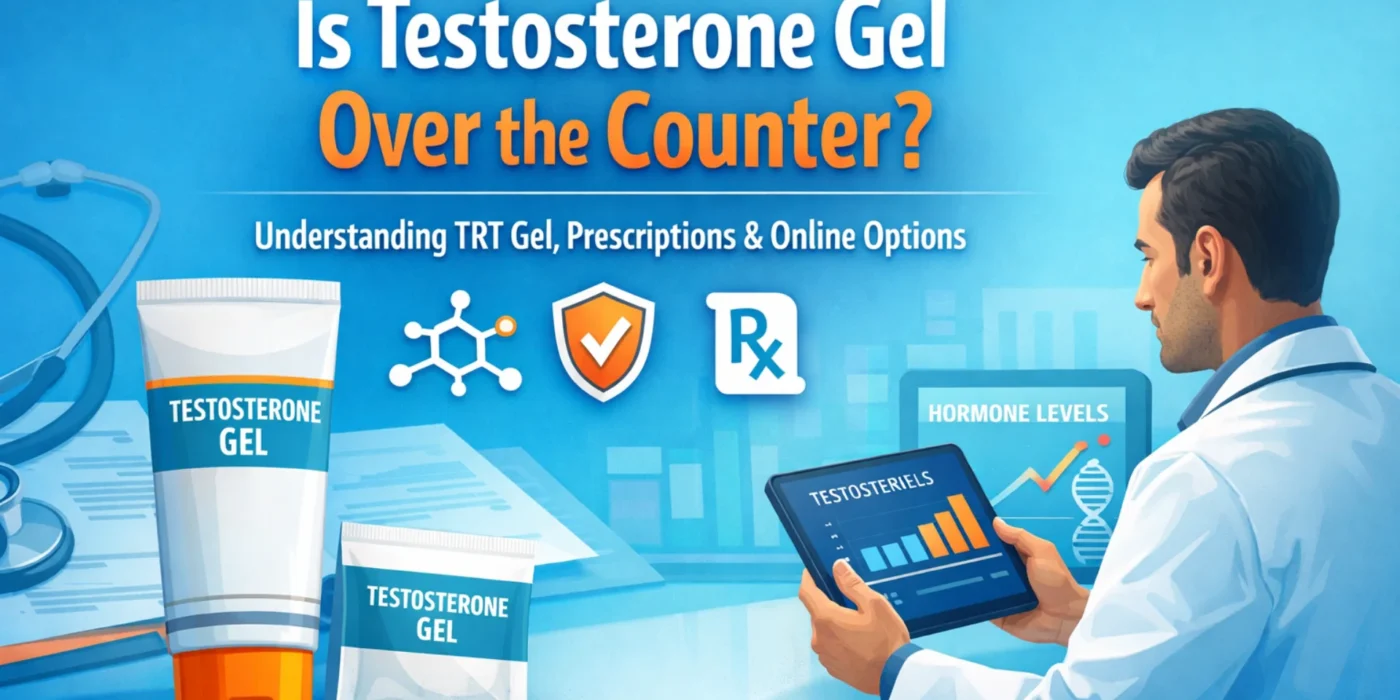 Testosterone gel tube and sachet on medical desk with doctor reviewing hormone results and TRT prescription information