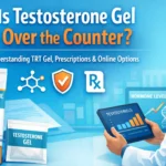 Testosterone gel tube and sachet on medical desk with doctor reviewing hormone results and TRT prescription information