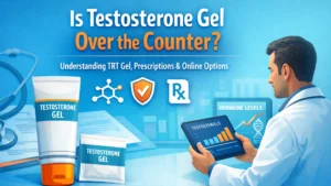 Testosterone gel tube and sachet on medical desk with doctor reviewing hormone results and TRT prescription information