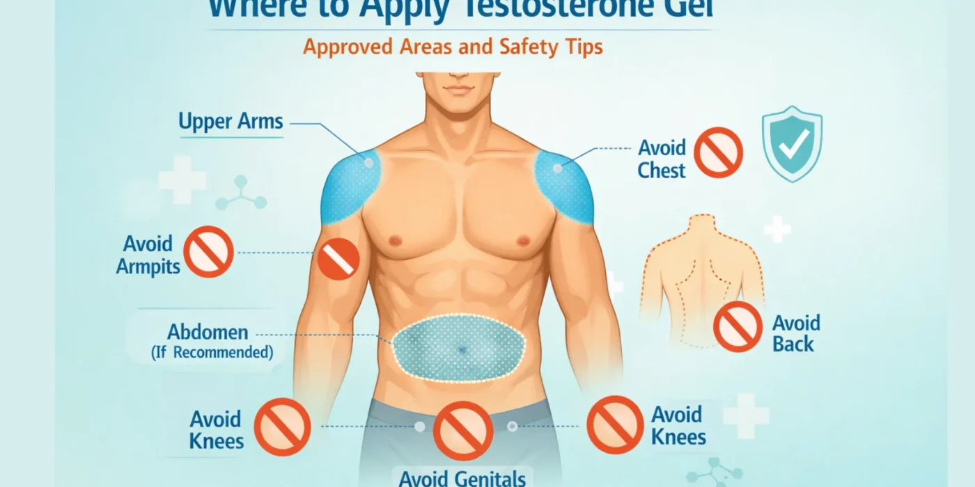 Medical illustration showing approved testosterone gel application areas on the shoulders and upper arms, with safety warnings for areas to avoid including chest, armpits, genitals, knees, and back.