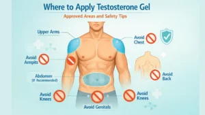 Medical illustration showing approved testosterone gel application areas on the shoulders and upper arms, with safety warnings for areas to avoid including chest, armpits, genitals, knees, and back.