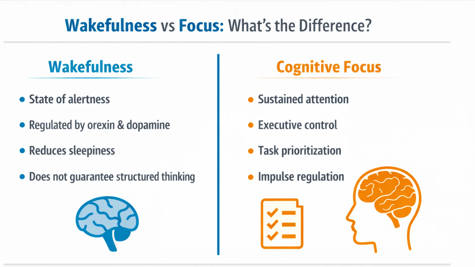 Infographic comparing wakefulness and cognitive focus, highlighting differences between alertness, dopamine regulation, executive control, and sustained attention.