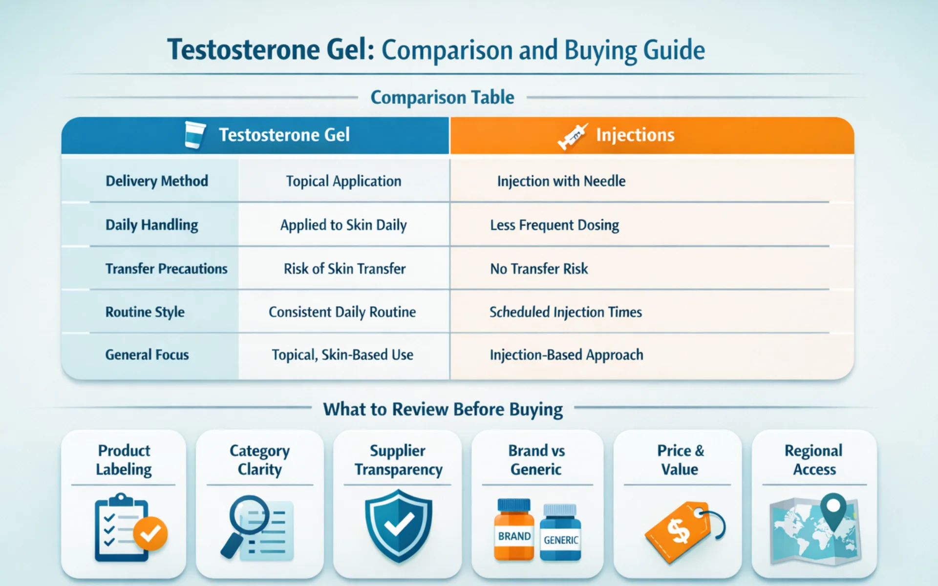 Infographic comparing testosterone gel and injections, with a buying guide covering product labeling, supplier transparency, price, and regional access.