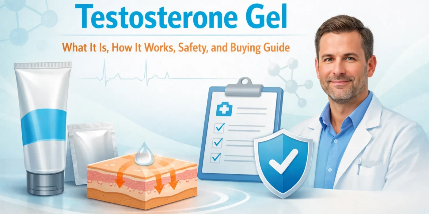 Healthcare editorial illustration showing testosterone gel tube, skin absorption graphic, medical checklist, and safety shield for a testosterone gel guide.