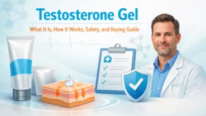 Healthcare editorial illustration showing testosterone gel tube, skin absorption graphic, medical checklist, and safety shield for a testosterone gel guide.