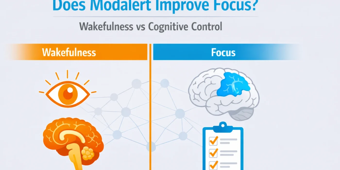 Medical infographic comparing wakefulness and cognitive control to explain whether Modalert improves focus or primarily increases alertness.