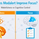Medical infographic comparing wakefulness and cognitive control to explain whether Modalert improves focus or primarily increases alertness.