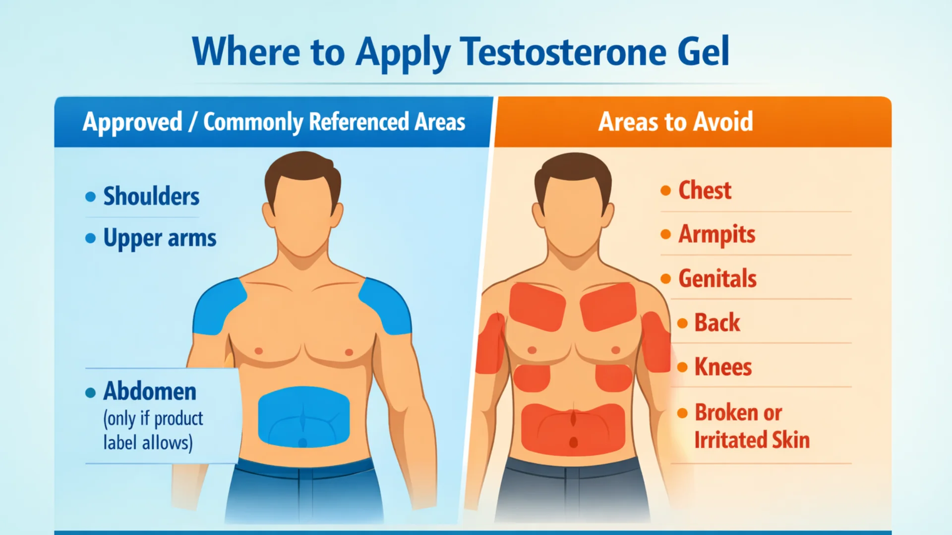 Medical infographic showing approved areas to apply testosterone gel, including shoulders and upper arms, and areas to avoid such as chest, armpits, genitals, back, knees, and irritated skin.