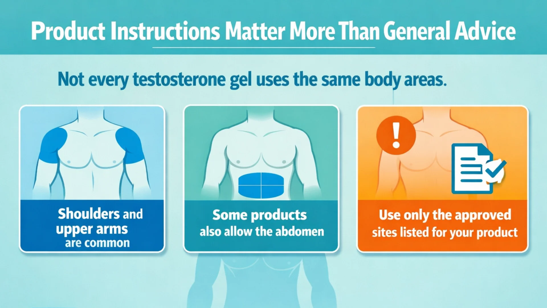 Where to Apply Testosterone Gel infographic showing that approved testosterone gel application sites vary by product, including shoulders, upper arms, and sometimes the abdomen.