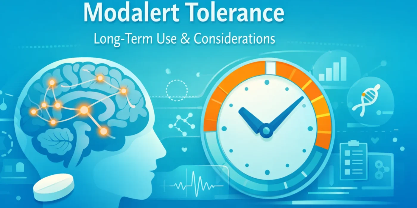 Medical illustration of brain activity and clock cycle representing Modalert tolerance and long-term modafinil use considerations
