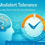 Medical illustration of brain activity and clock cycle representing Modalert tolerance and long-term modafinil use considerations