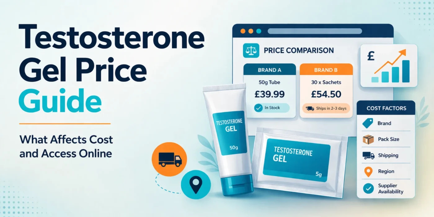 Modern healthcare illustration showing testosterone gel tubes and sachets with online price comparison cards, shipping, supplier, region, and pack size cost factors.