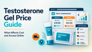Modern healthcare illustration showing testosterone gel tubes and sachets with online price comparison cards, shipping, supplier, region, and pack size cost factors.