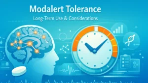 Medical illustration of brain activity and clock cycle representing Modalert tolerance and long-term modafinil use considerations