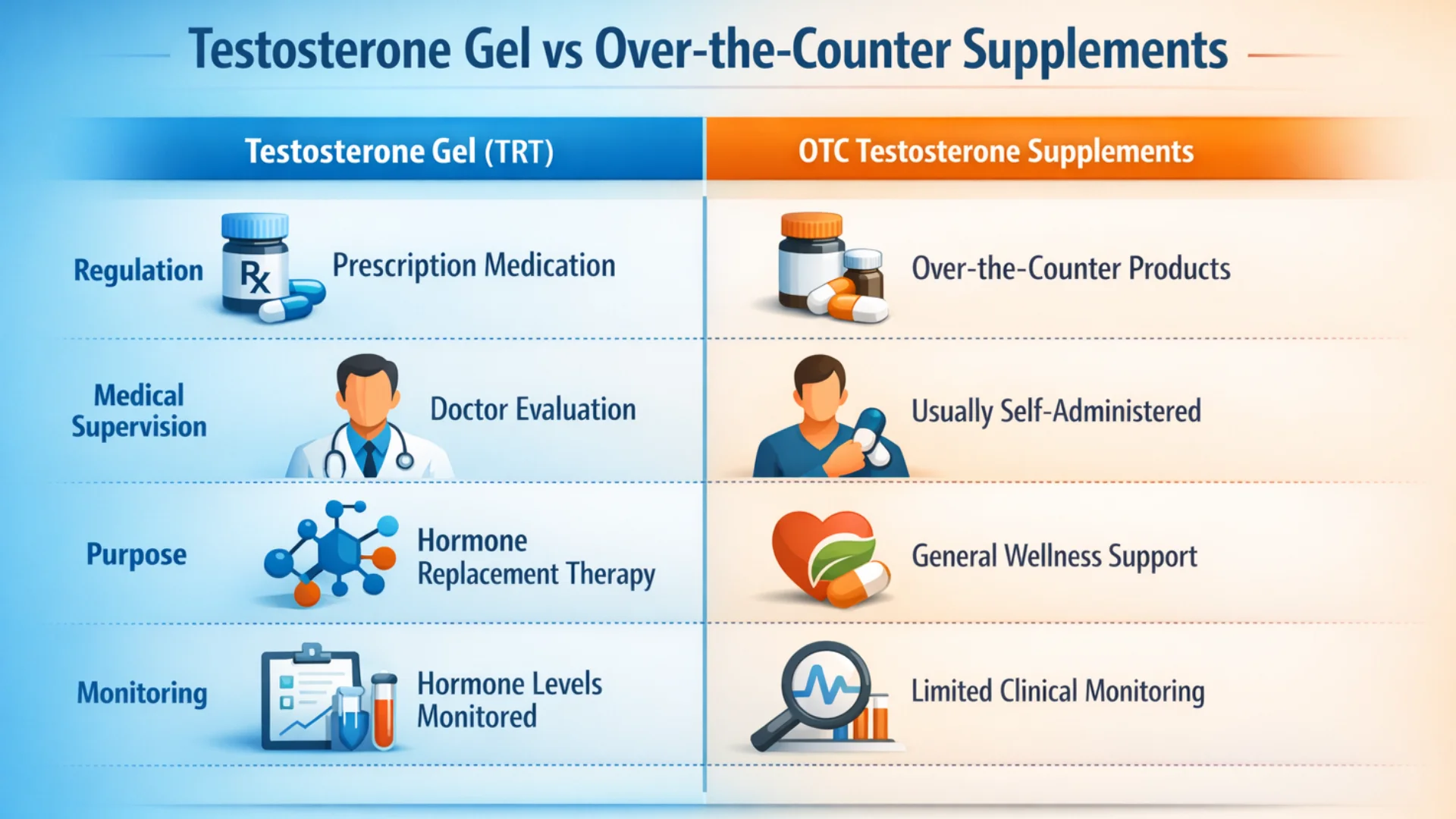 Comparison of testosterone gel over the counter supplements and prescription TRT, including regulation, medical supervision, purpose, and monitoring