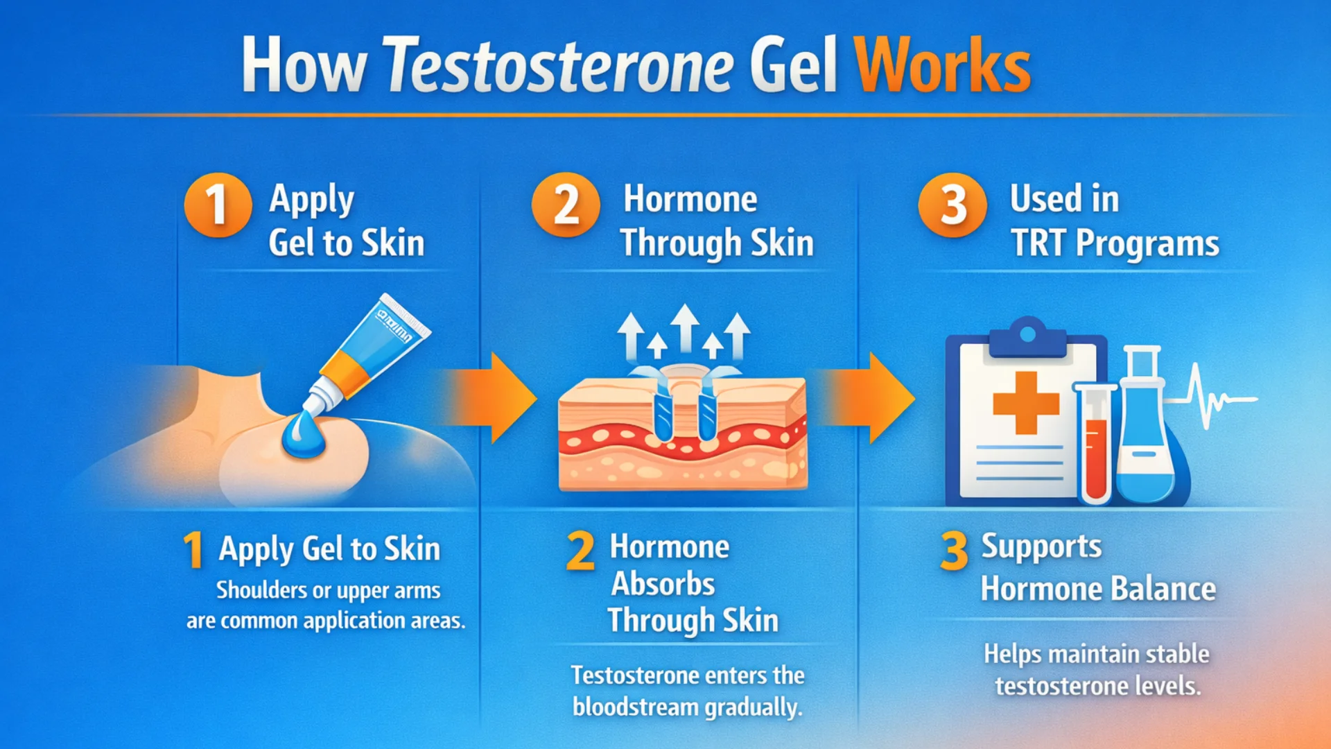 Step-by-step infographic showing how topical hormone treatment is applied to the skin, absorbed gradually, and used in monitored therapy programs