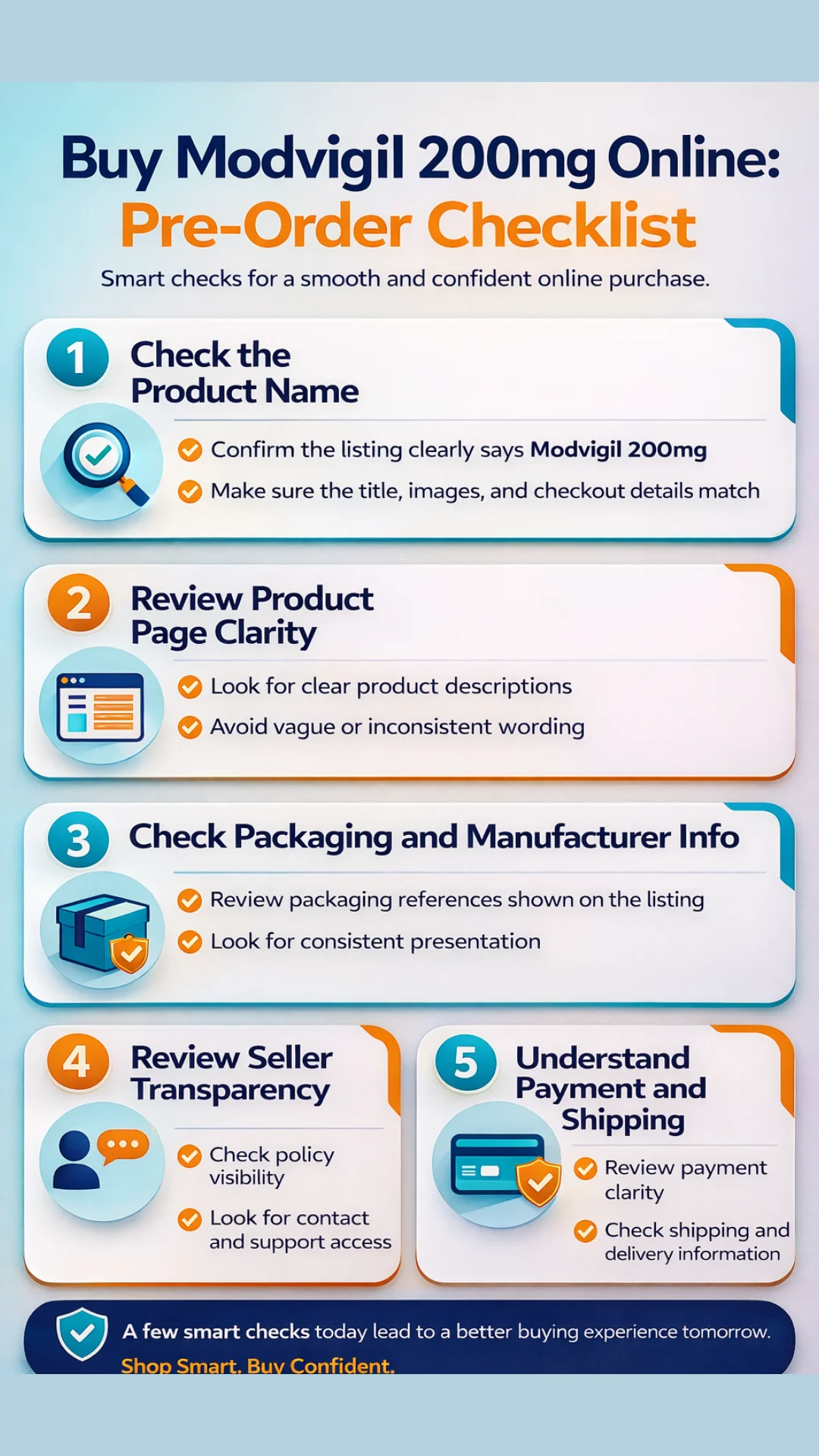 Mobile infographic showing a pre-order checklist with product name, page clarity, packaging info, seller transparency, payment, shipping, and order communication checks.