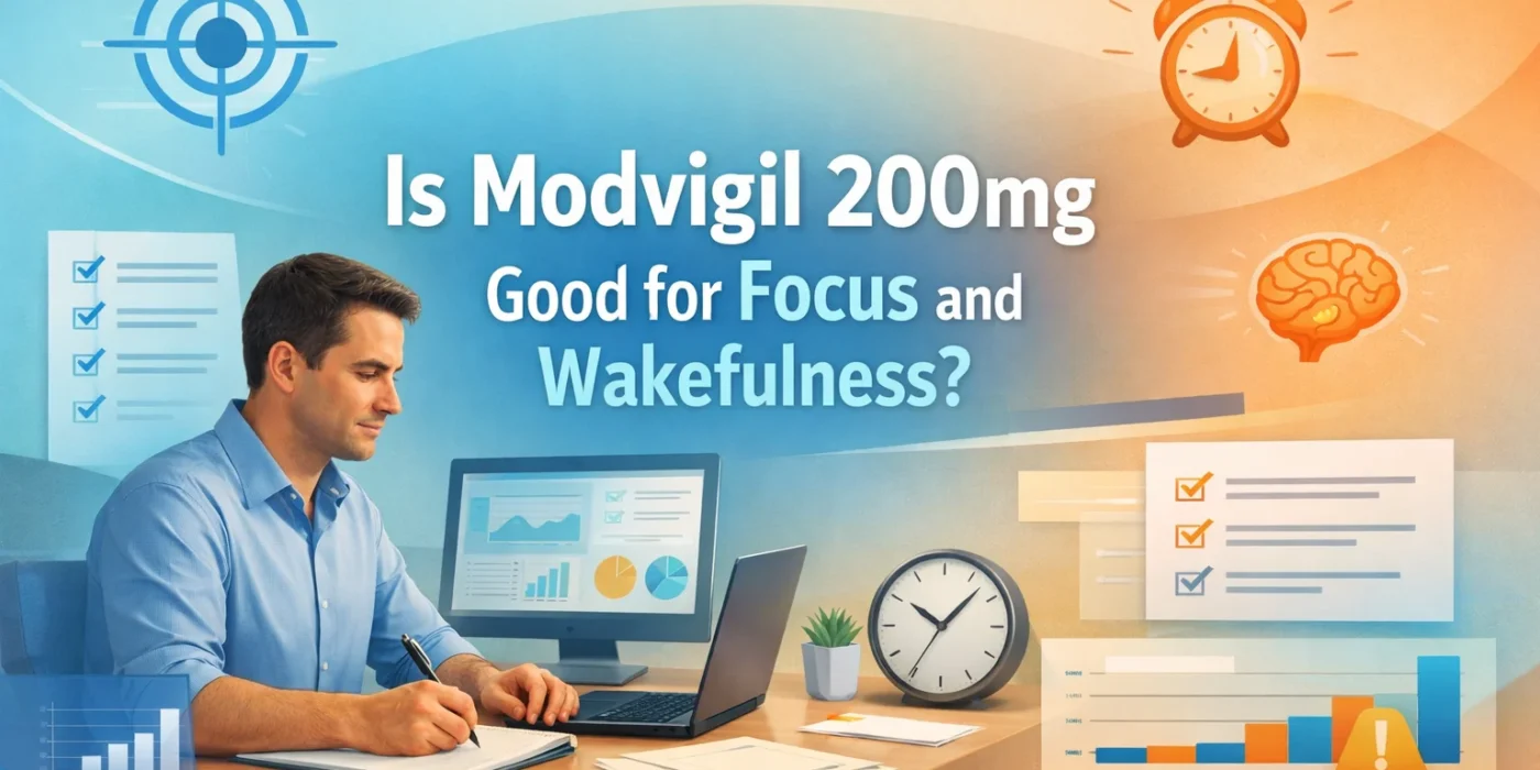 Professional person working at a desk with laptop, checklist, clock, and research graphics illustrating focus and wakefulness for a Modvigil 200mg blog article