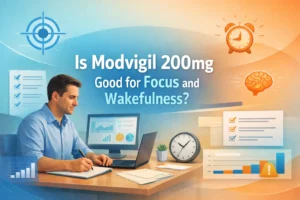 Professional person working at a desk with laptop, checklist, clock, and research graphics illustrating focus and wakefulness for a Modvigil 200mg blog article
