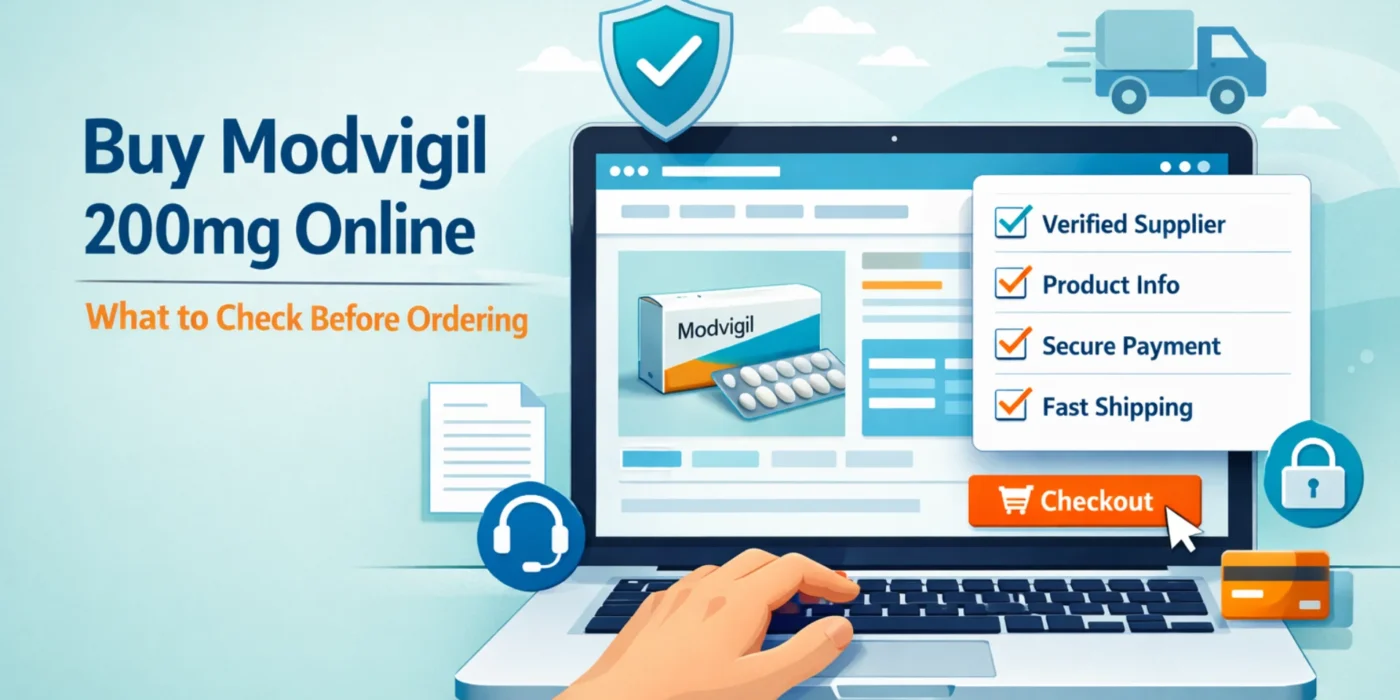 Illustration of a laptop showing a Modvigil 200mg product page with checklist, payment, shipping, support, and trust icons for online ordering research