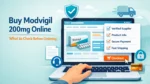 Illustration of a laptop showing a Modvigil 200mg product page with checklist, payment, shipping, support, and trust icons for online ordering research