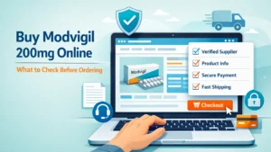 Illustration of a laptop showing a Modvigil 200mg product page with checklist, payment, shipping, support, and trust icons for online ordering research