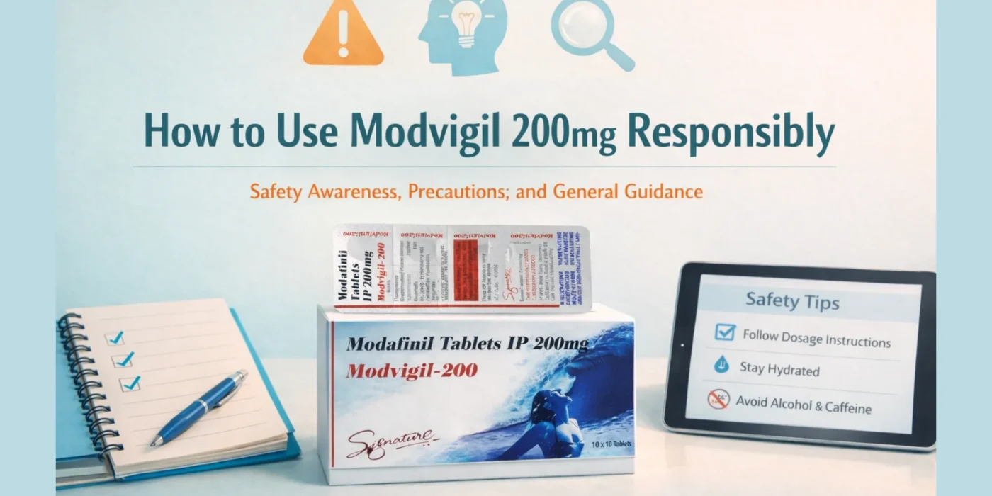 Editorial featured image showing Modvigil 200mg packaging with a notebook, safety checklist, and tablet screen for responsible use guidance