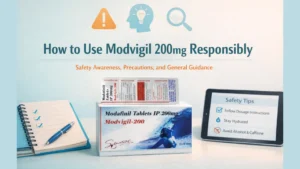 Editorial featured image showing Modvigil 200mg packaging with a notebook, safety checklist, and tablet screen for responsible use guidance
