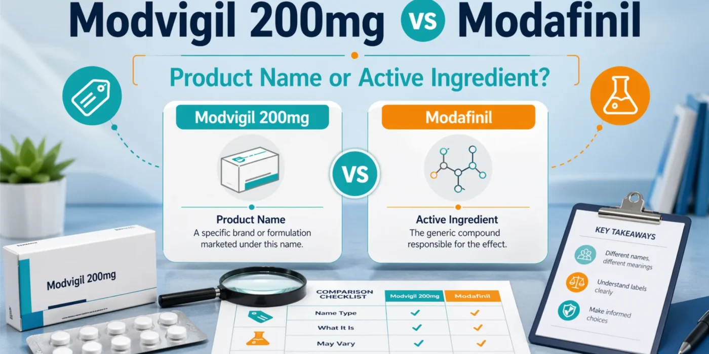Editorial comparison graphic showing Modvigil 200mg vs Modafinil with product name and active ingredient comparison panels.