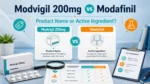 Editorial comparison graphic showing Modvigil 200mg vs Modafinil with product name and active ingredient comparison panels.