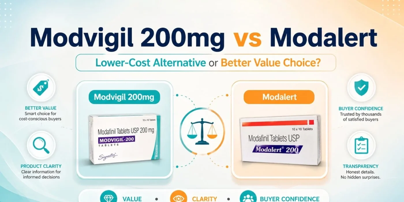 SEO blog featured image comparing Modvigil 200mg and Modalert as a lower-cost alternative with value, clarity, and buyer confidence icons.