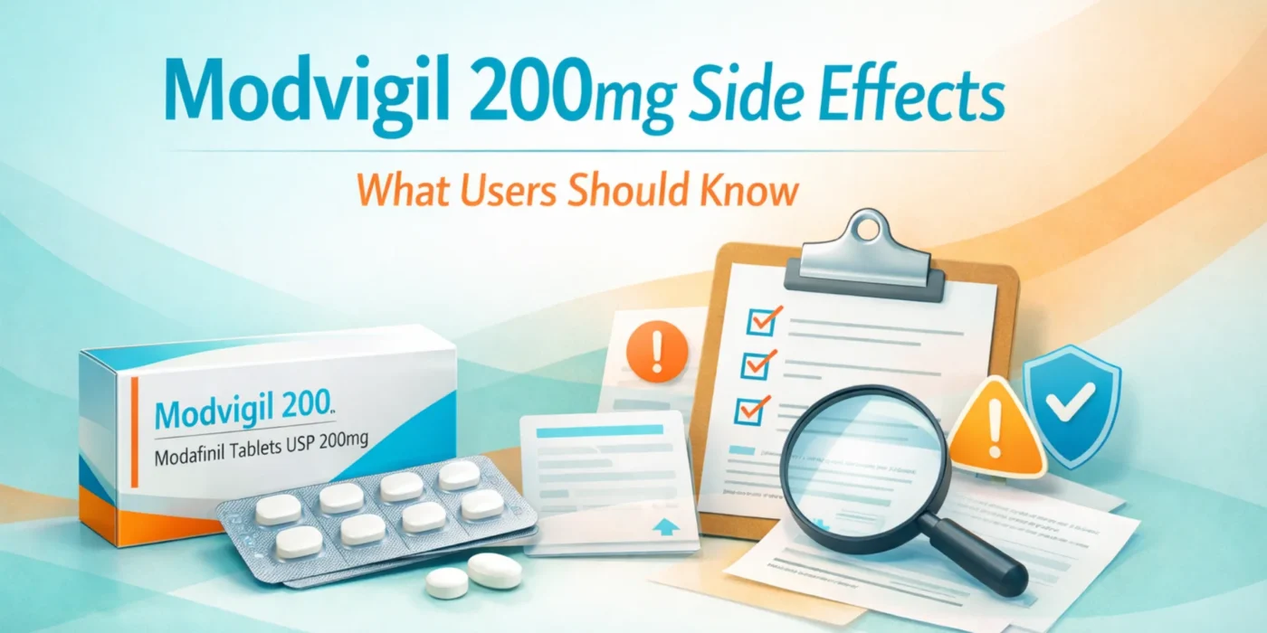 Editorial medical illustration showing Modvigil 200mg tablets, safety checklist, and research icons for a blog about Modvigil 200mg side effects