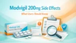 Editorial medical illustration showing Modvigil 200mg tablets, safety checklist, and research icons for a blog about Modvigil 200mg side effects