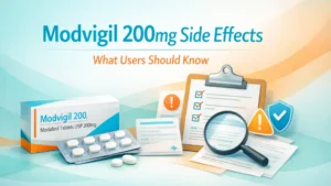 Editorial medical illustration showing Modvigil 200mg tablets, safety checklist, and research icons for a blog about Modvigil 200mg side effects