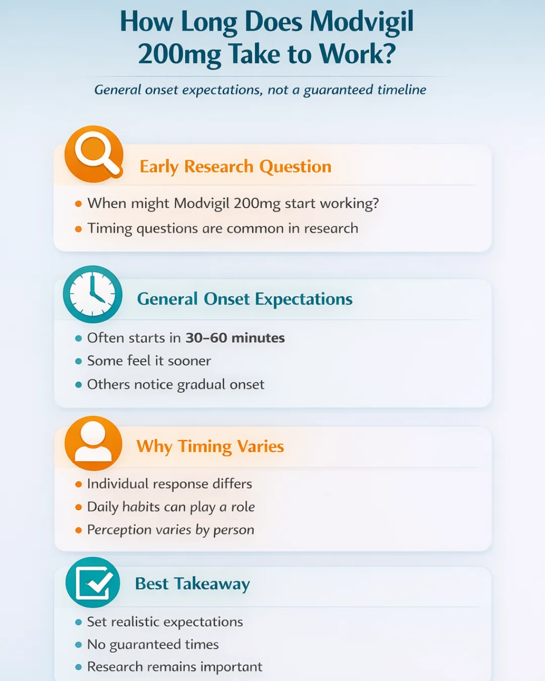 Mobile infographic with stacked sections explaining general timing expectations, individual response variation, and practical research takeaways