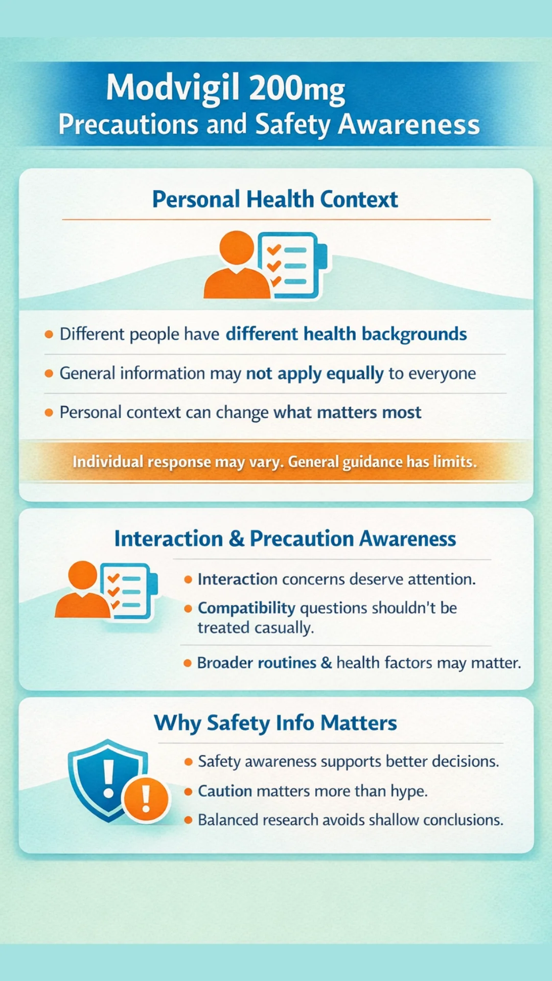 Mobile infographic about precautions, personal health context, interaction awareness, and general safety information