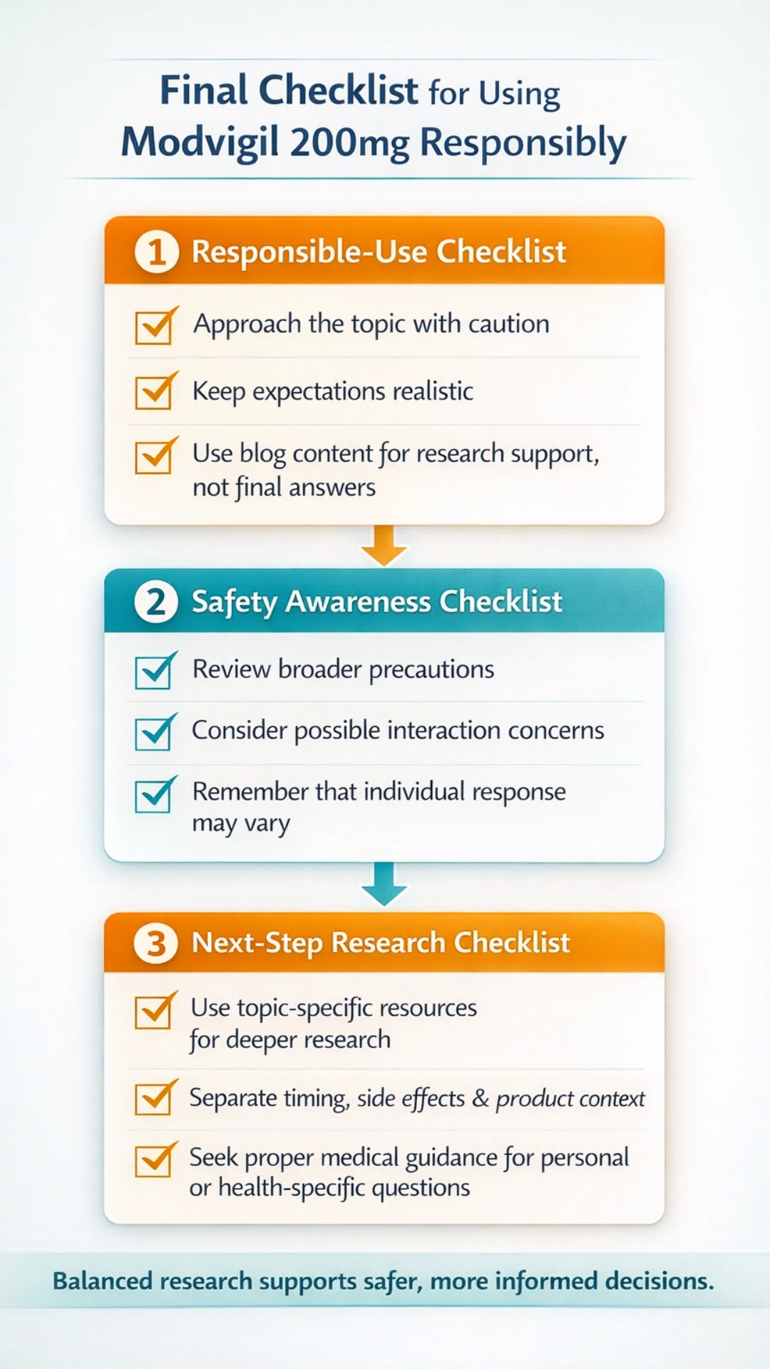 Mobile infographic with three stacked checklist cards covering responsible research, safety awareness, and next-step guidance.
