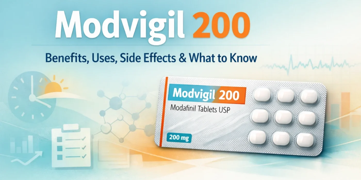 Editorial featured image for Modvigil 200 showing a tablet blister pack with healthcare graphics and the text benefits, uses, side effects, and what to know