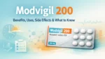 Editorial featured image for Modvigil 200 showing a tablet blister pack with healthcare graphics and the text benefits, uses, side effects, and what to know