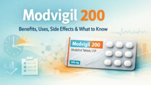 Editorial featured image for Modvigil 200 showing a tablet blister pack with healthcare graphics and the text benefits, uses, side effects, and what to know