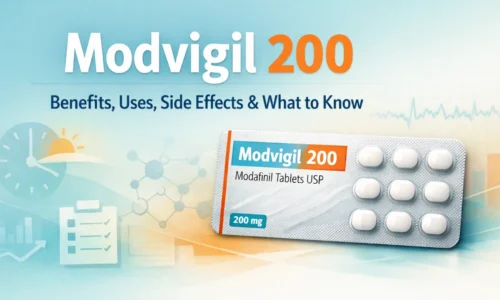 Editorial featured image for Modvigil 200 showing a tablet blister pack with healthcare graphics and the text benefits, uses, side effects, and what to know