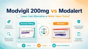 SEO blog featured image comparing Modvigil 200mg and Modalert as a lower-cost alternative with value, clarity, and buyer confidence icons.