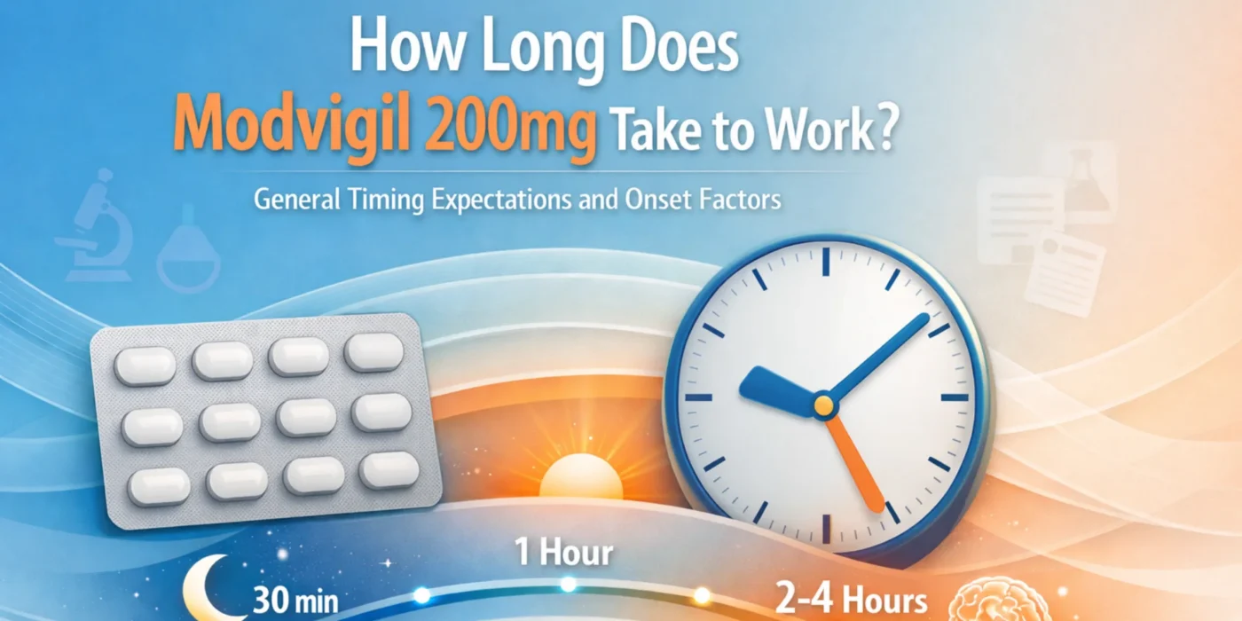 Featured image showing a Modvigil-style tablet blister pack, clock, and timeline graphic explaining how long Modvigil 200mg may take to work