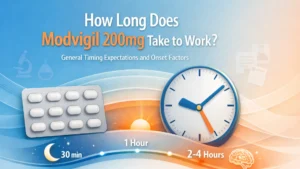Featured image showing a Modvigil-style tablet blister pack, clock, and timeline graphic explaining how long Modvigil 200mg may take to work