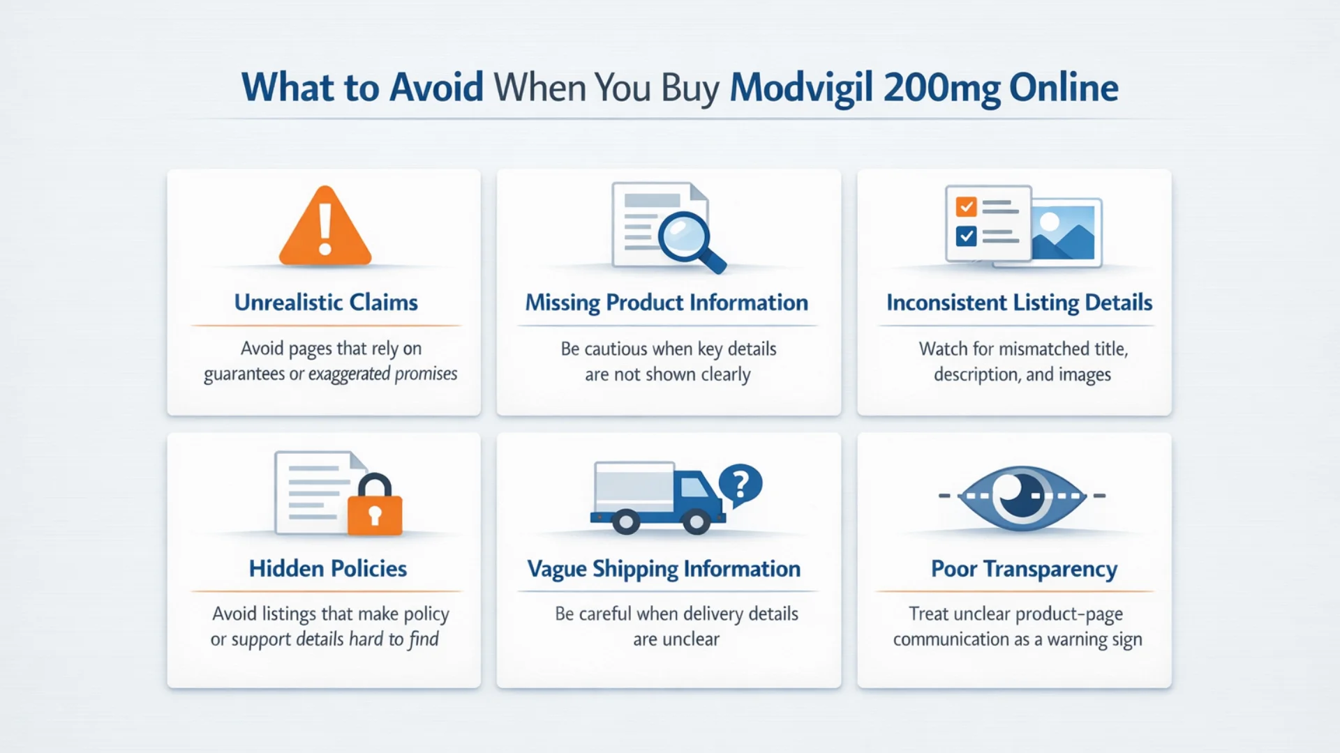 Infographic showing six online ordering warning signs, including unrealistic claims, missing product information, inconsistent listing details, hidden policies, vague shipping information, and poor transparency