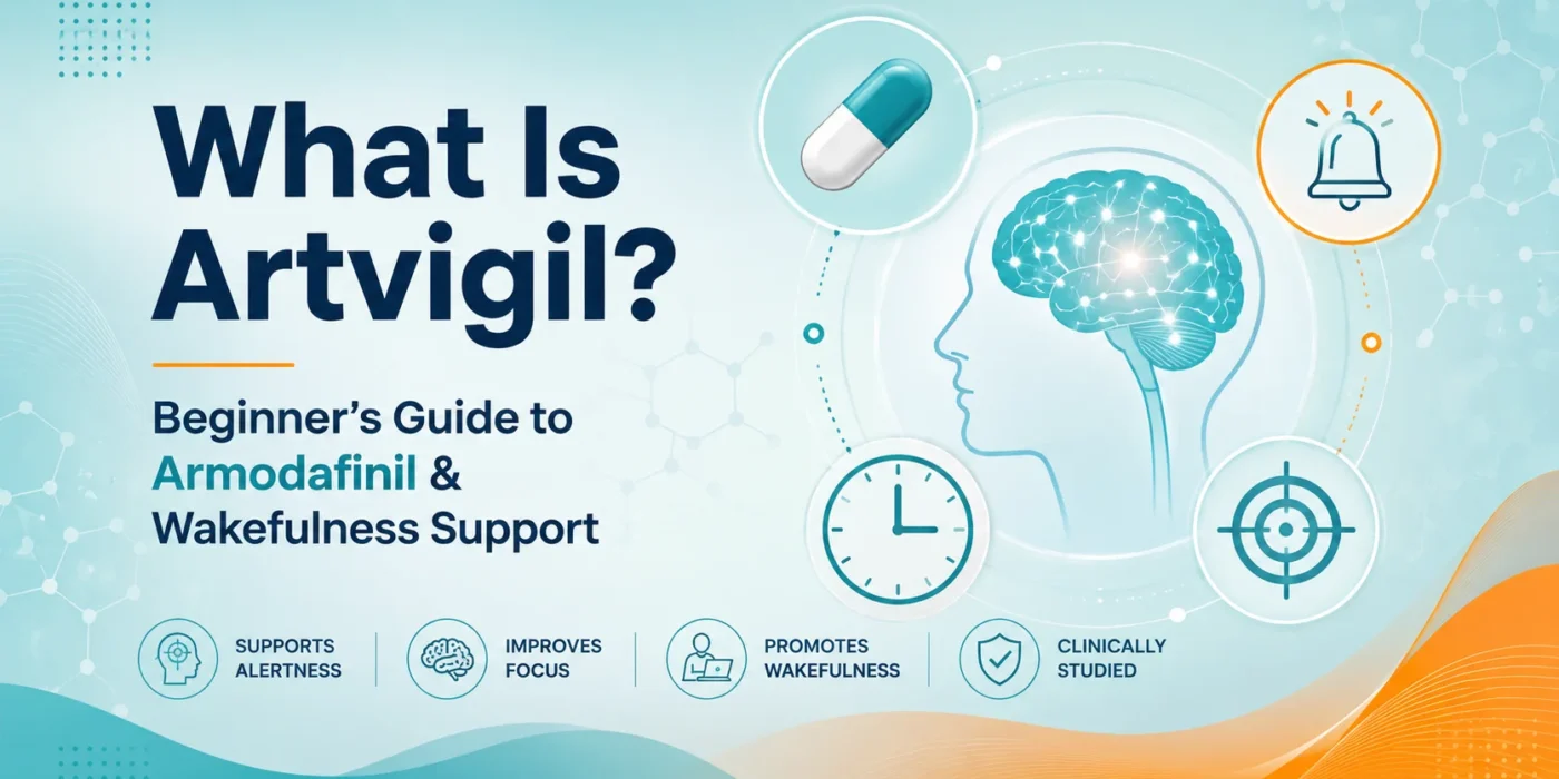 Educational medical-tech image explaining what Artvigil is, with armodafinil, wakefulness support, focus, alertness icons, brain graphic, and clock symbol.